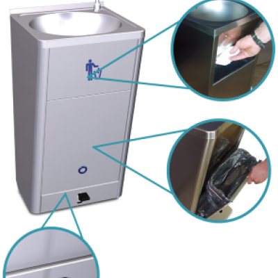 Mobile hand washbasin with self-contained free standing system, high flow